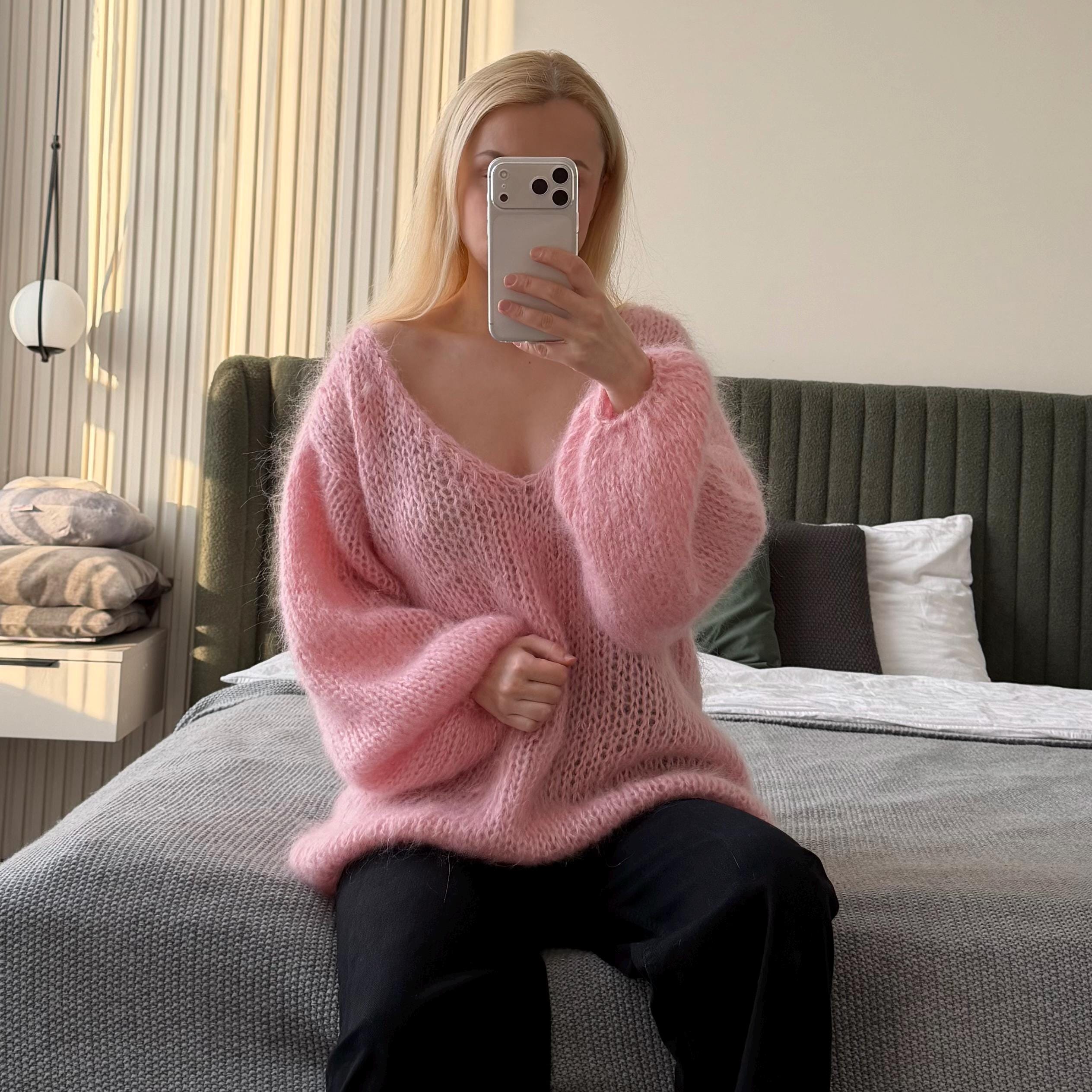 Long Pink Mohair Hand Knitted Sweater | V-neck Oversized Knit
