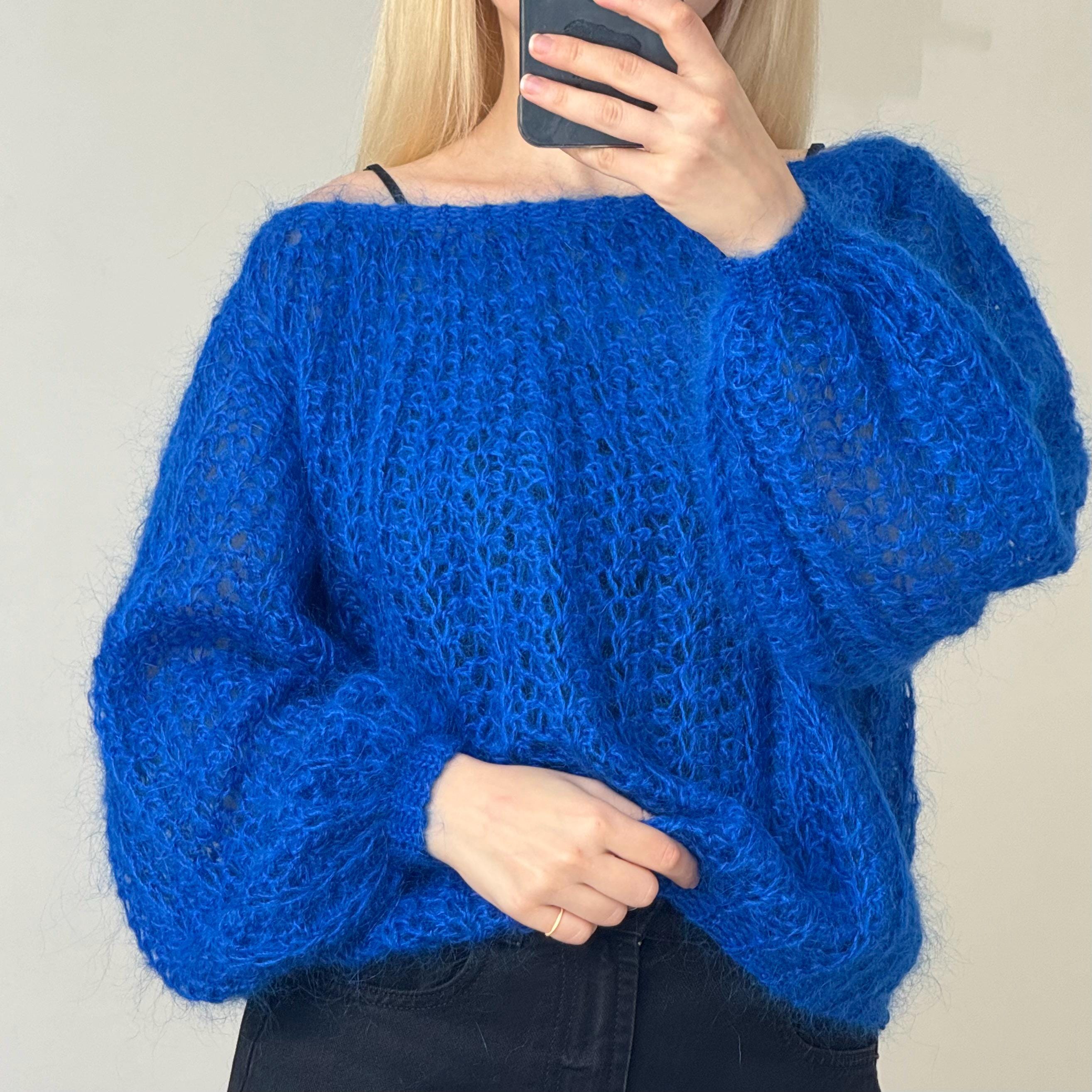 Handmade Blue Crochet Mohair Sweater Loose Knit Jumper Deep