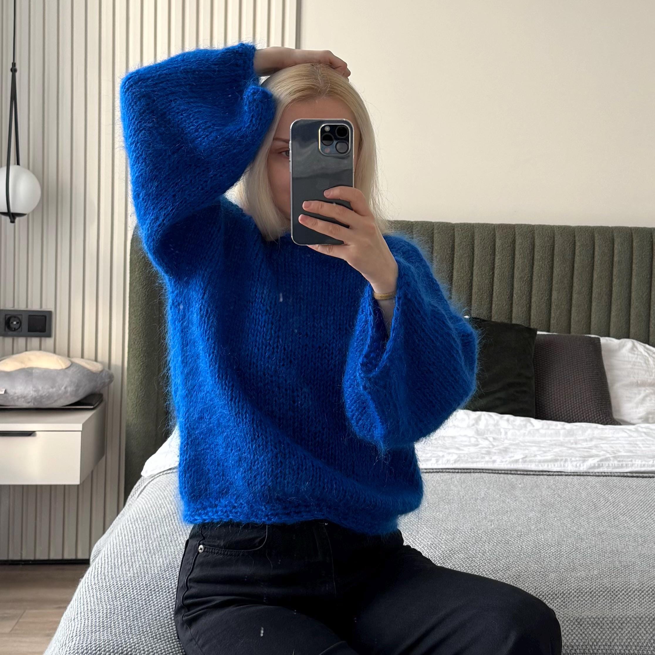 Bright Blue Mohair Sweater – Handmade Cozy Warm Knit | XS–S | Soft