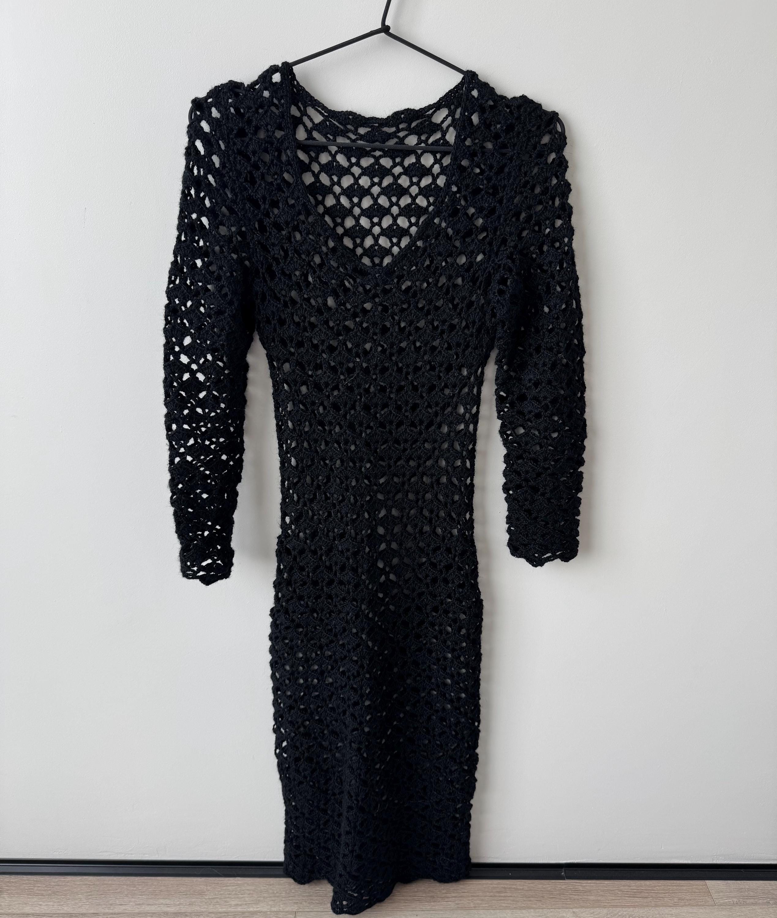 Black Crochet Lace Dress - Handmade Women's Midi Fitted Dress, Elegant Evening or Casual Outfit, Size XS-S