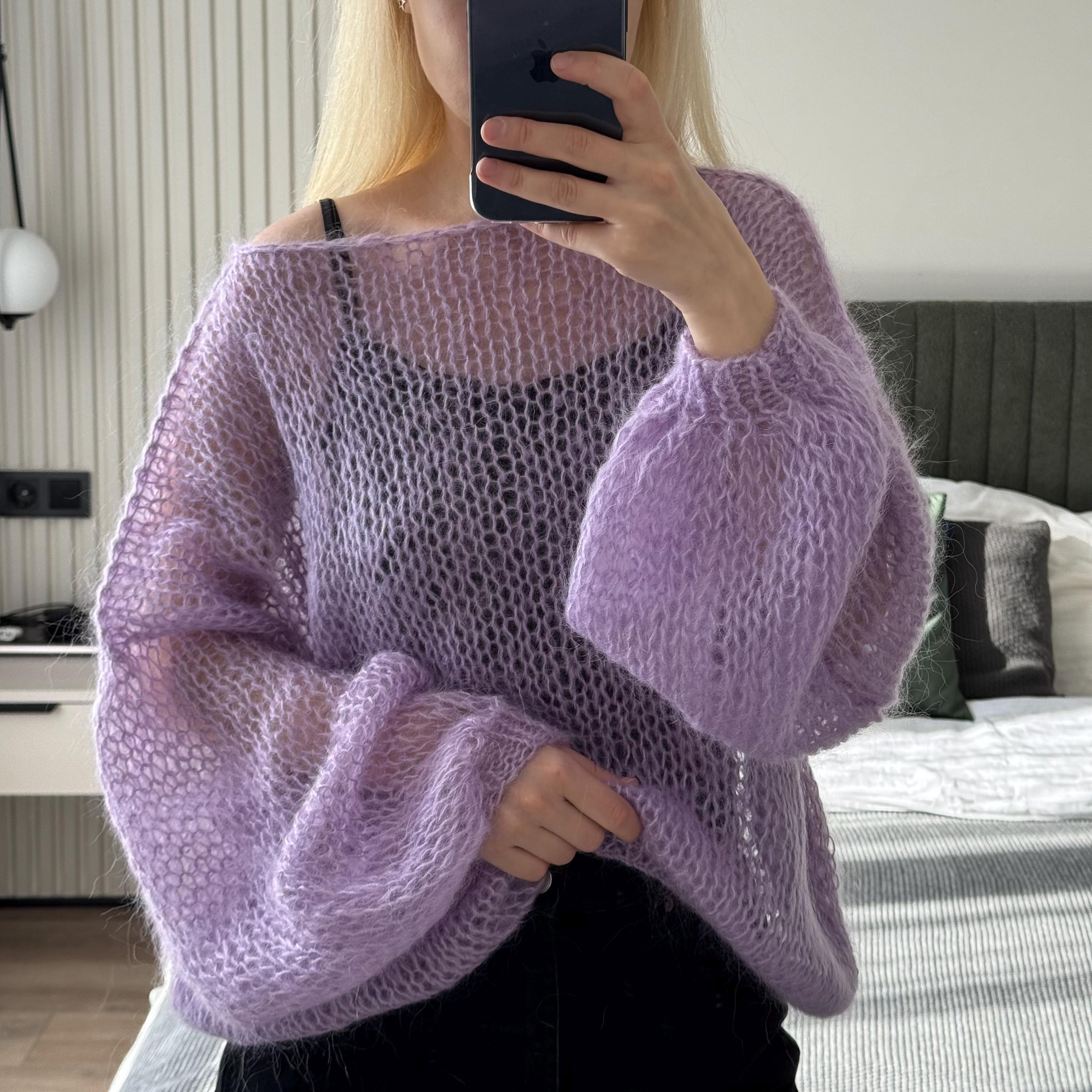 Handmade Lavender Mohair Sweater • Loose Knit off Shoulder