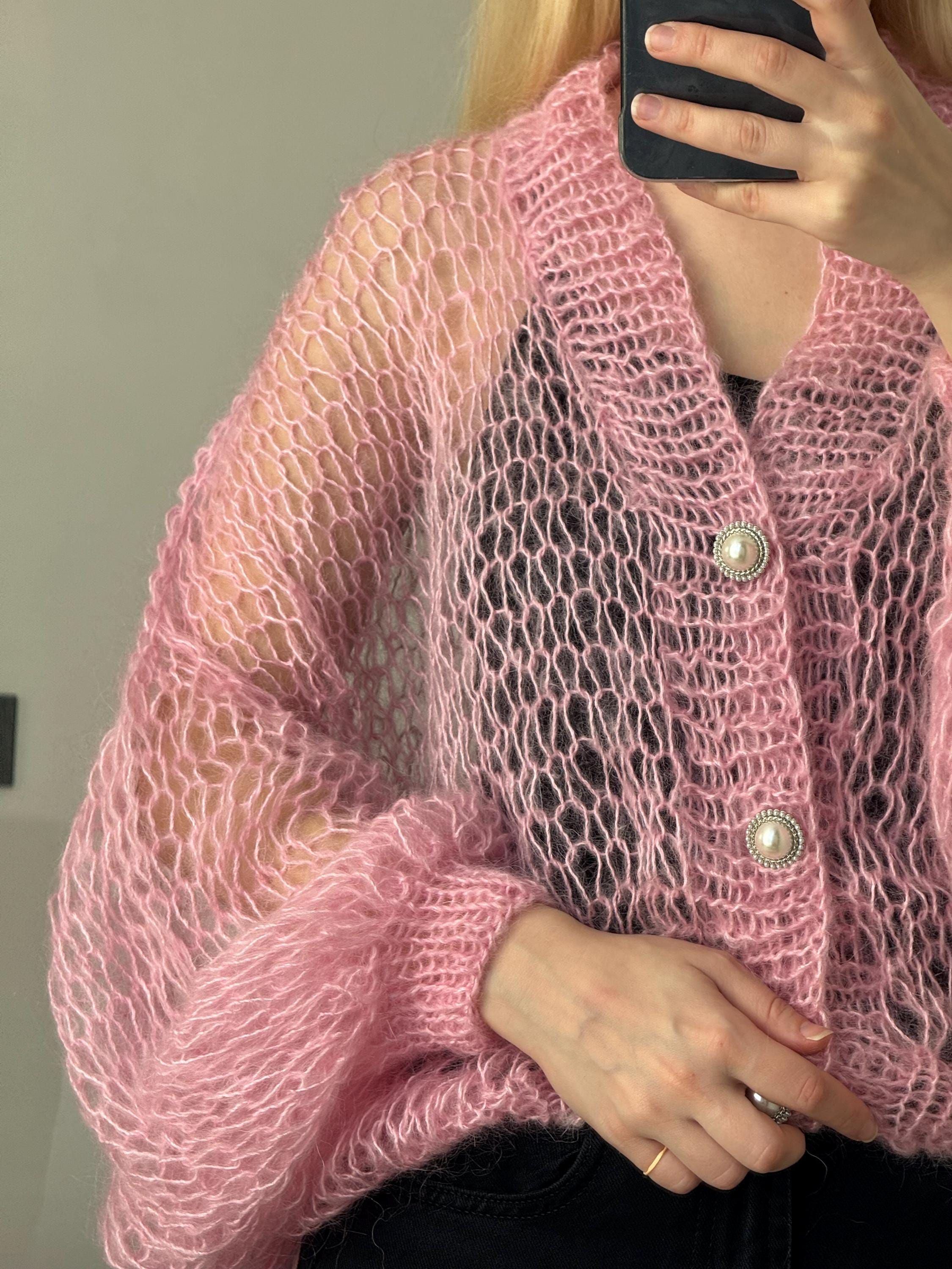 Pink Mohair Cardigan With Buttons • Hand Knit Loose Knit Cardigan