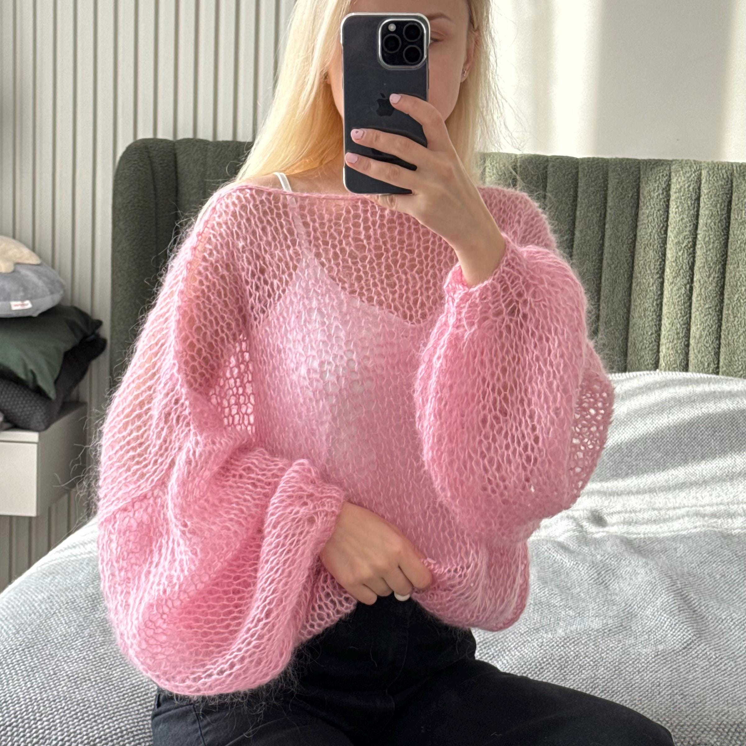 Loose Hand Knitted Sweater, Powder Pink Dusty Rose Pullover