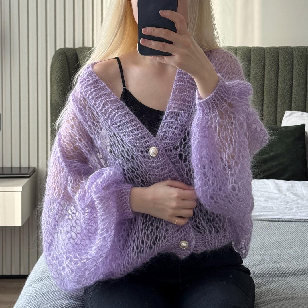 Soft Cozy Lavender Mohair Cardigan Hand Knit Loose Oversized Lilac