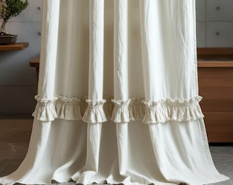 Organic Ruffled Shower Curtain. Fabric Linen Shower Drape With Ruffle. Bathroom Decor