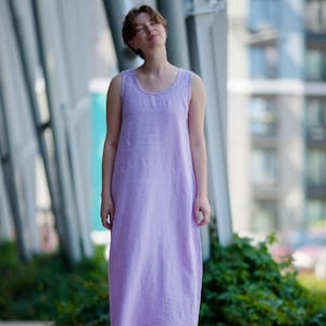 Bio Leinen Maxi Kleid: Ärmelloses Sommer Sommerkleid mit Taschen