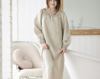 Loose Relaxet Fill Linen Nightgown. Organic Nightie. Natural Loungewear.