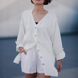 Organic Linen V-Neck Shirt: Relaxed Oversized Fit, Women's Blouse