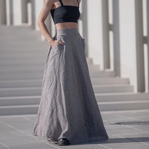 Falda larga de lino orgánico: corte A hasta los tobillos con bolsillos