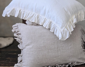 Ruffled Linen Pillow Cover - Stonewashed Farmhouse Pillow Sham Standard - King XL