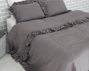 Ruffled Linen Duvet cover Set Ruffled Comforter Cover and 2 Ruffled Pillowcases Queen King CalKing Full Twin Set 100% Organic Flax