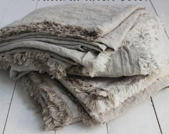 Fringed Linen Flat Sheet Soft Natural Linen Top Bed Sheet with Fringes Twin Full Queen King CalKing Custom Size Flat Bed Sheet Bed Cover