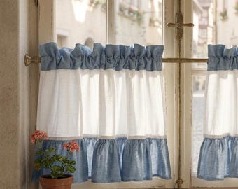 Organic Linen Cafe Curtain With Ruffle. Kitchen / Door / Bathroom Drapery Custom Size