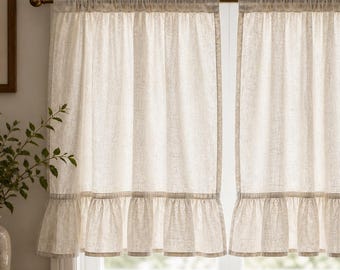Ruffled Linen Cafe Curtain. Farmhouse Kitchen Valance. Wimdow Drapery. Custom Size