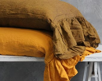 Ruffled Linen Pillow Sham: Organic European Flax, Shabby Chic Style