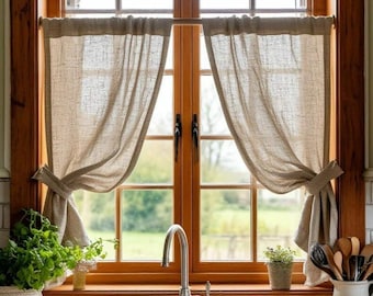 Linen Cafe Curtain. Farmhouse Kitchen Curtains. Linen Blinds. Window Valance