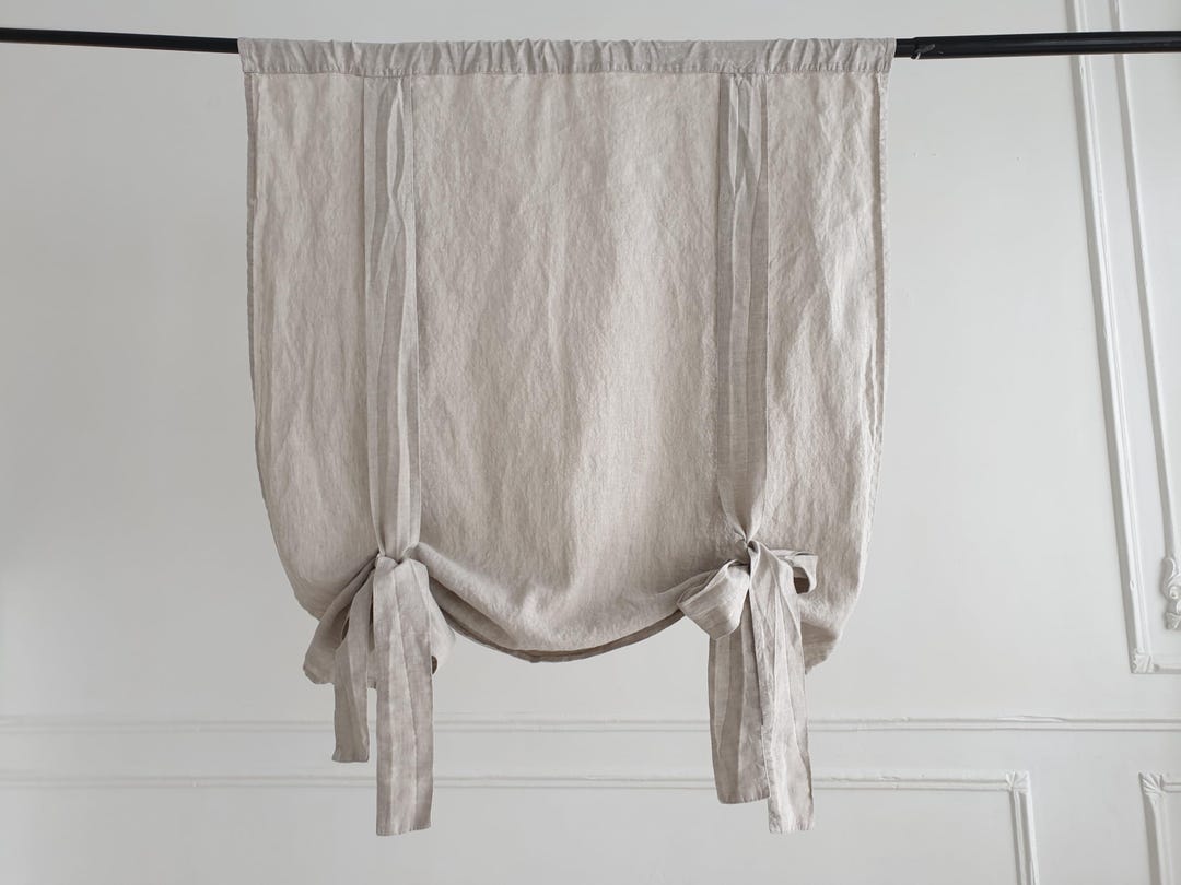 Organic Linen Tie-Up Curtain - Semi-Sheer Stonewashed Drape - Fabric Blinds- Kitchen Panel - Bathroom Decor