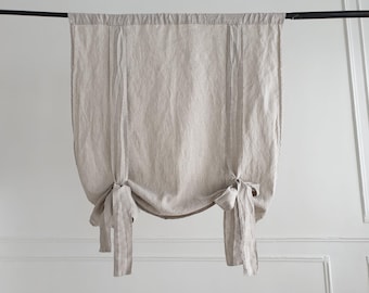 Organic Linen Tie-Up Curtain - Semi-Sheer Stonewashed Drape - Fabric Blinds- Kitchen Panel - Bathroom Decor