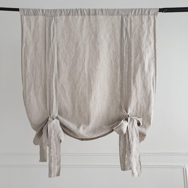 Organic Linen Tie-Up Curtain - Semi-Sheer Stonewashed Drape - Fabric Blinds- Kitchen Panel - Bathroom Decor