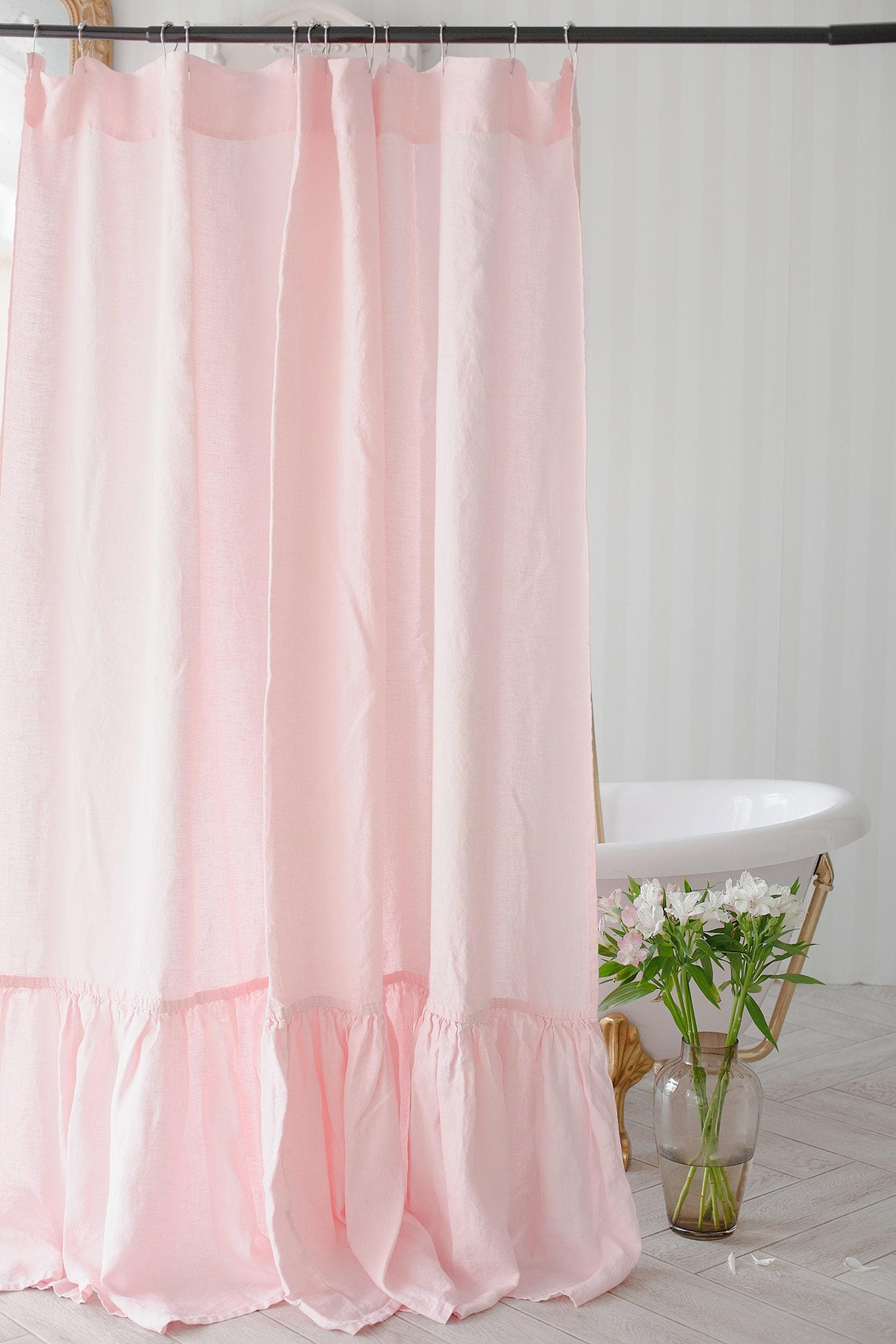 Ruffled Linen Shower Curtain: Farmhouse Style, Buttonhole Top