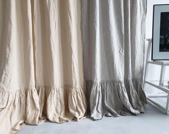 Ruffled Linen Curtain Panel: Farmhouse Style, Organic Flax