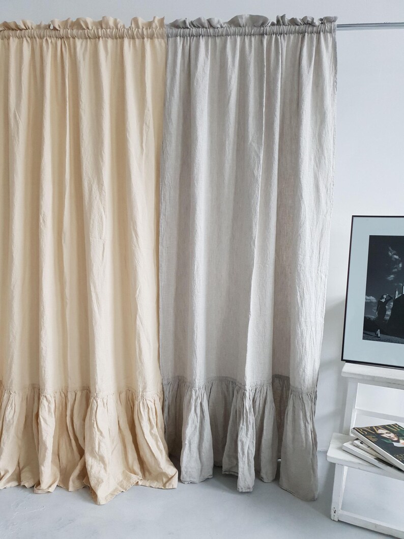 Ruffled Linen Curtain Panel: Farmhouse Style, Organic Flax - Etsy