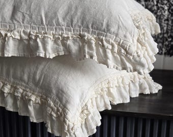 Linen Pillow Sham Double Ruffle Linen Pillow Cover With Frille Linen Pillowcase Standard Queen King EUR Soft Linen Pillow Cover Farmhouse