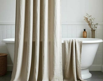 ButtonHole Top Linen Shower Curtain. Fabric Bathroom Drape. Custom Size Douche Panel