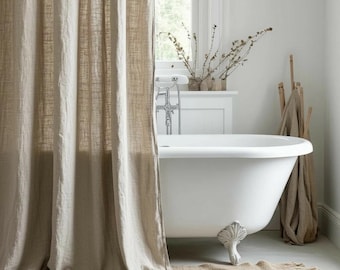 Natural Fabric Shower Curtain Buttonhole Top or Tie. Bathroom Linen Drape Custom Size.