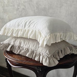 Organic Ruffled Pillow Sham Linen Pillowcover Ruffle on 4 sides Soft Stomewashed Medium Weight Linen Pillowcase Standard Queen Custom Size