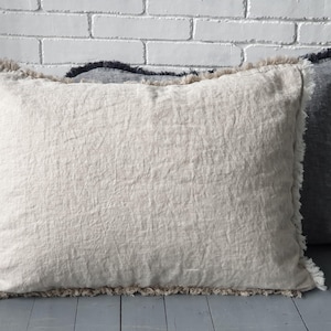 May include: Two decorative throw pillows with fringed edges. The front pillow is a light beige color and the back pillow is a dark gray color.
