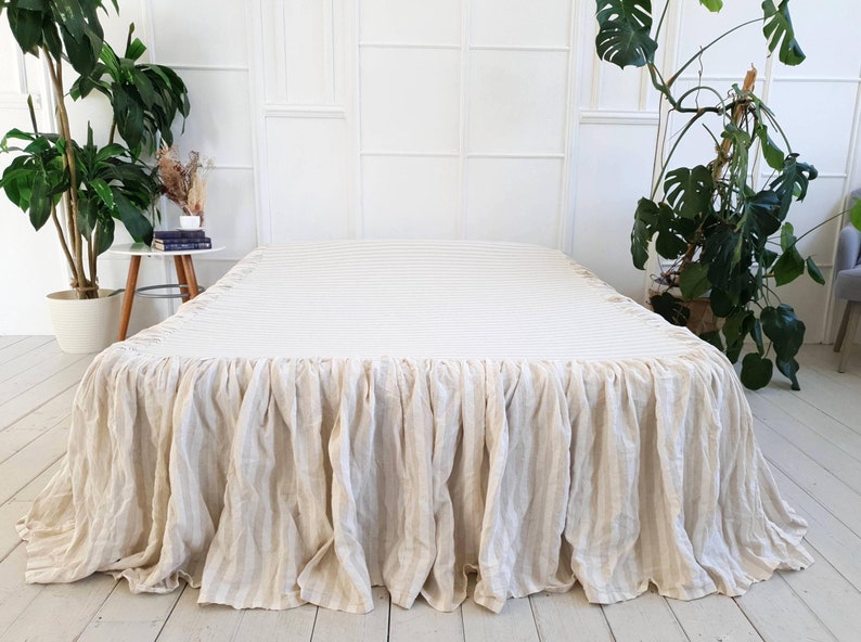 Linen Dust Ruffle In Striped Color Organic Linen Bed Skirt Queen King Twin Full Californai size Linen Bed Cover Stonewashed Bedskirt