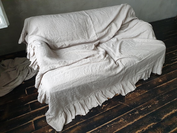 Ruffled Linen Sofa Cover: Stonewashed Farmhouse Style
