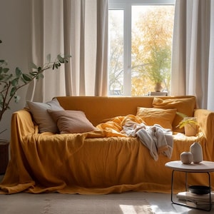 Organic Linen Sofa Cover Stonewashed Shabby Chic Look Linen Sectional Cover Linen Couch Cover L Shaple Sofa Cover Natural Bed Cover