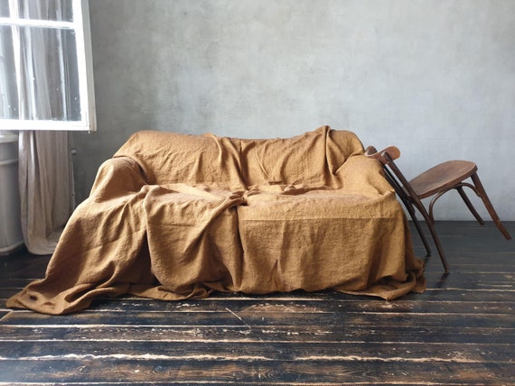 Organic Linen Couch Cover - Custom Size, Stonewashed Sofa Cover - L-shape / Sectional
