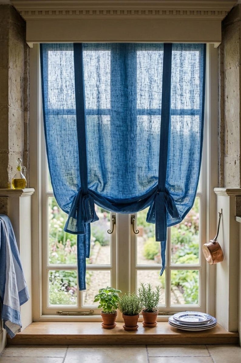 Organic Linen Tie-Up Curtain - Semi-Sheer Stonewashed Drape - Fabric Blinds- Kitchen Panel - Bathroom Decor image 12