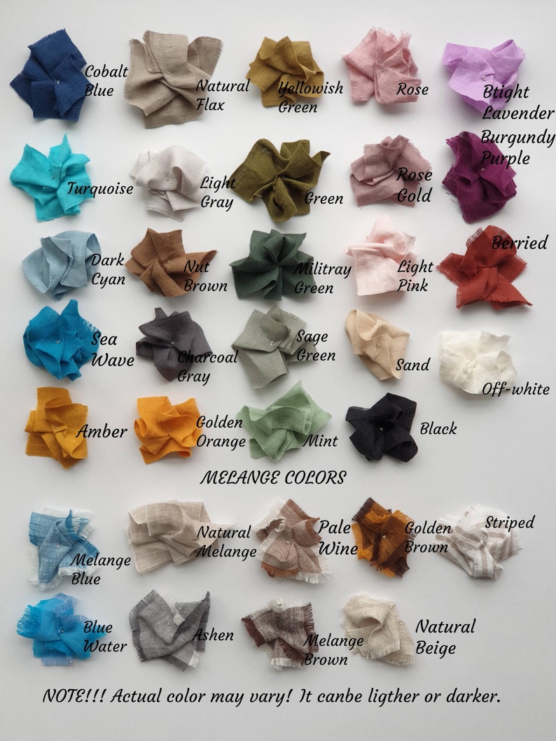 May include: A chart of fabric swatches in various colors, including blue, green, brown, orange, pink, and white. The swatches are labeled with their corresponding color names. The chart also includes a section labeled "Melange Colors" with swatches of blended colors.