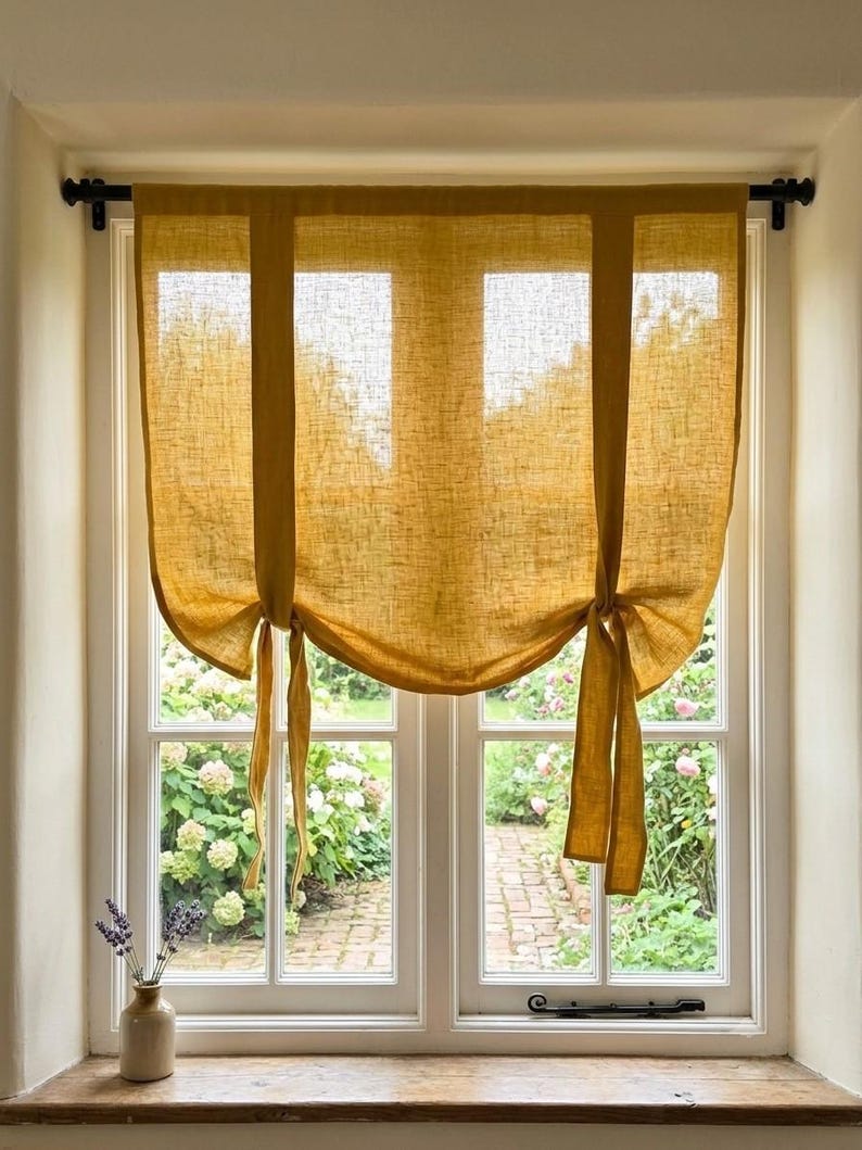 Organic Linen Tie-Up Curtain - Semi-Sheer Stonewashed Drape - Fabric Blinds- Kitchen Panel - Bathroom Decor image 11
