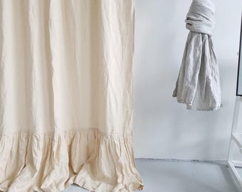 Organic Fabric Shower Curtain With Ruffle From 100% Flax. Farmhouse Bathroom Linen Drape.