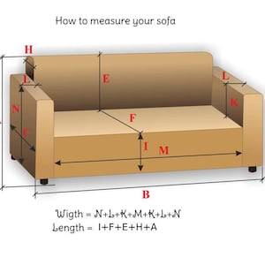 May include: Diagram showing how to measure a sofa for a sofa cover. The diagram shows a brown sofa with labeled measurements for width and length. The formula for calculating the width and length is also included.