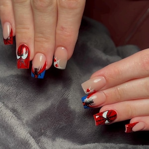 Spiderman Press On Nails, Spiderman Fake Nails, Square Press On Nails, Spiderman Nail Art, Press Ons, Fake Nail, Glue On Nails