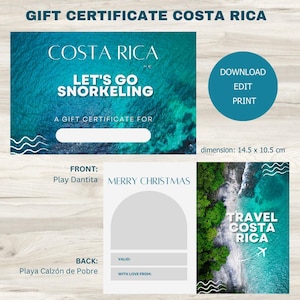 Certificado de regalo para hacer snorkel en Costa Rica, cupón editable para Costa Rica, descarga instantánea e imprimible, edición manuscrita, archivo digital