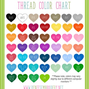 Pu&ograve; includere: Una tabella dei colori del filo con un bordo a righe verdi e bianche. La tabella mostra vari colori del filo a forma di cuore, tra cui nero, bianco, rosso e blu. Il testo "THREAD COLOR CHART" &egrave; in alto.