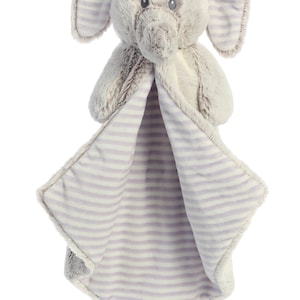 May include: A plush gray elephant-shaped security blanket with a lavender and white striped interior. The elephant has large ears with matching striped fabric. The blanket is designed for infants and young children.