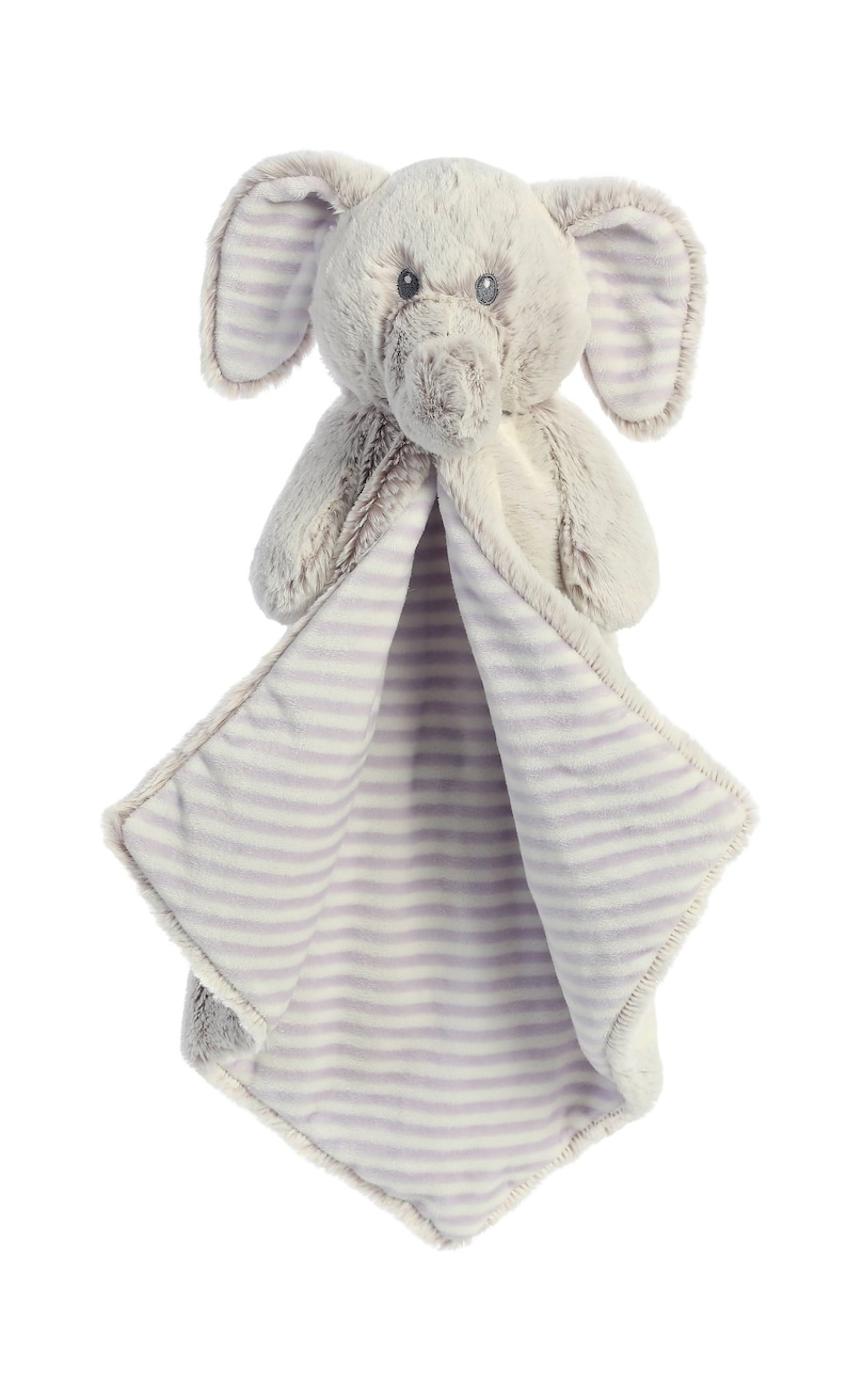 May include: A plush gray elephant-shaped security blanket with a lavender and white striped interior. The elephant has large ears with matching striped fabric. The blanket is designed for infants and young children.