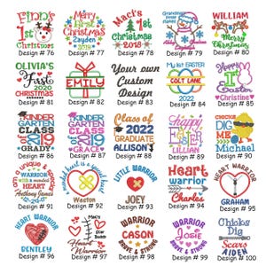 May include: A collection of embroidered designs with various themes. Designs include Christmas, Easter, graduation, and personalized text. The color palette is diverse, with red, green, blue, and yellow. Each design is labeled with a name and a design number.