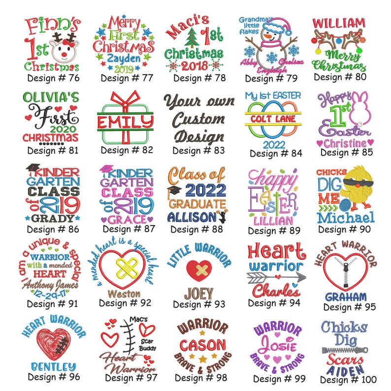 May include: A collection of embroidered designs with various themes. Designs include Christmas, Easter, graduation, and personalized text. The color palette is diverse, with red, green, blue, and yellow. Each design is labeled with a name and a design number.