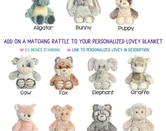 Sonajero de peluche para bebé, regalo a juego, bordado Luvster, 6.5"
