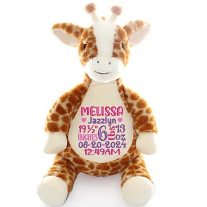 May include: A plush giraffe stuffed animal with brown and white patterned fur. The giraffe has a white belly with embroidered text in pink and purple, including a name, measurements of 19.5 inches, and weight of 6 ounces.