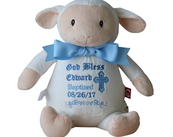 Baptism Stuffed Animal, Custom Embroidered Lamb, Baptismal Baby Dedication Gift